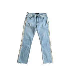 JET John Eshaya Jeans Rainbow Stripe Raw Hem Distressed Light‎ Wash Denim